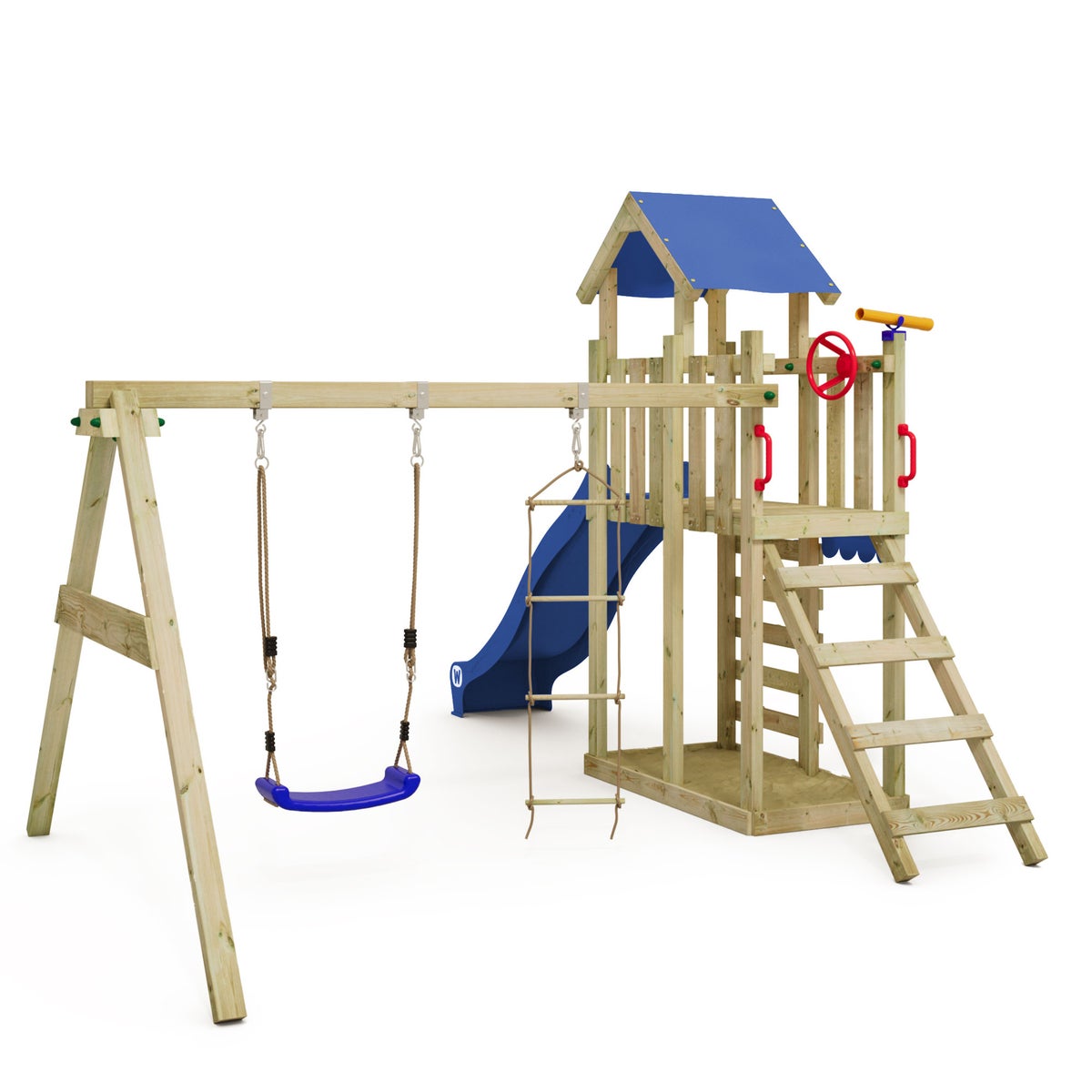 WICKEY MultiFlyer Light Speeltoren Klimrek met Schommel en Glijbaan, Klimtoren met Zandbak, Ladder en Speelaccessoires - Blauw