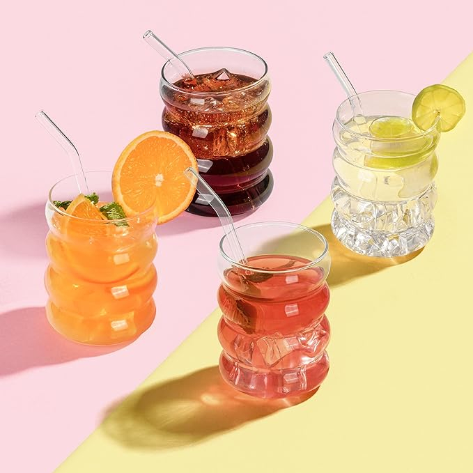 (300ml) Bubble Glas Geripptes Trinkglas Getränke Cup Wellen Becher für Iced Coffee / Cocktails / Softgetränke - Transparent