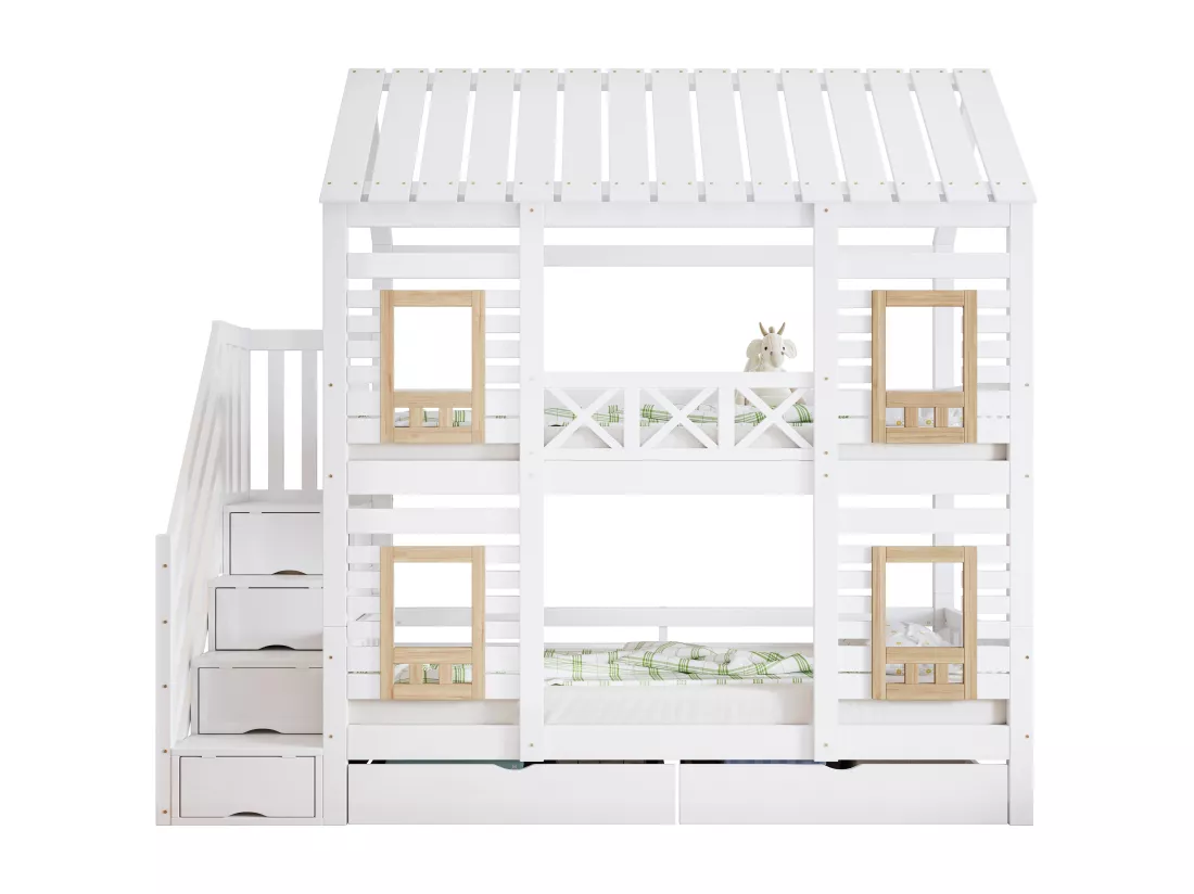 Lit superposé enfant 90x200 cm - avec fenêtre - deux tiroirs sur roulettes - avec 4 compartiments de rangement - avec échelle de sécurité - bois massif - blanc + naturel (matelas non inclus)