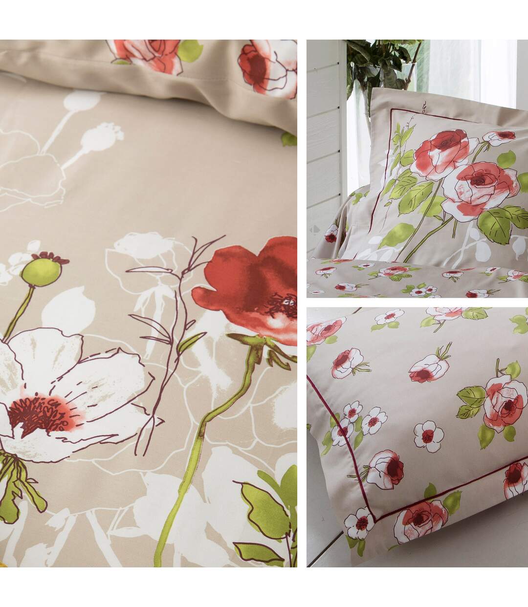 Housse de couette 200x200 cm satin de coton ROSERAIE beige ficelle