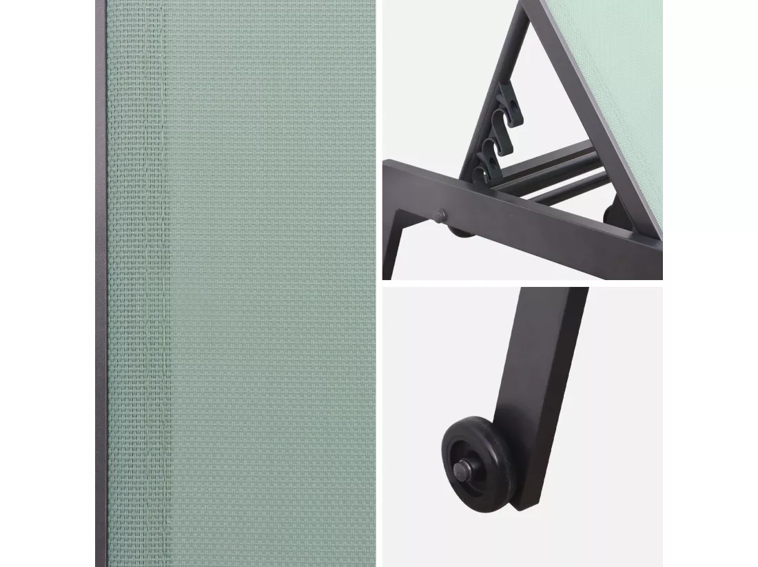 Lot de 2 bains de soleil ELSA en aluminium gris anthracite et textilène vert de gris. transats multi positions avec roulettes