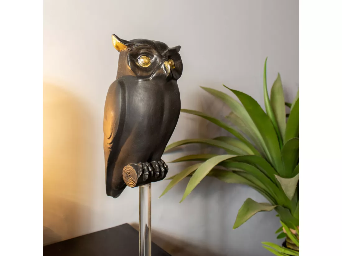 Now's Home - Hibou Grand Duc Sur Pied Noir Mat Et Doree 10x12x41cm Owly Boly