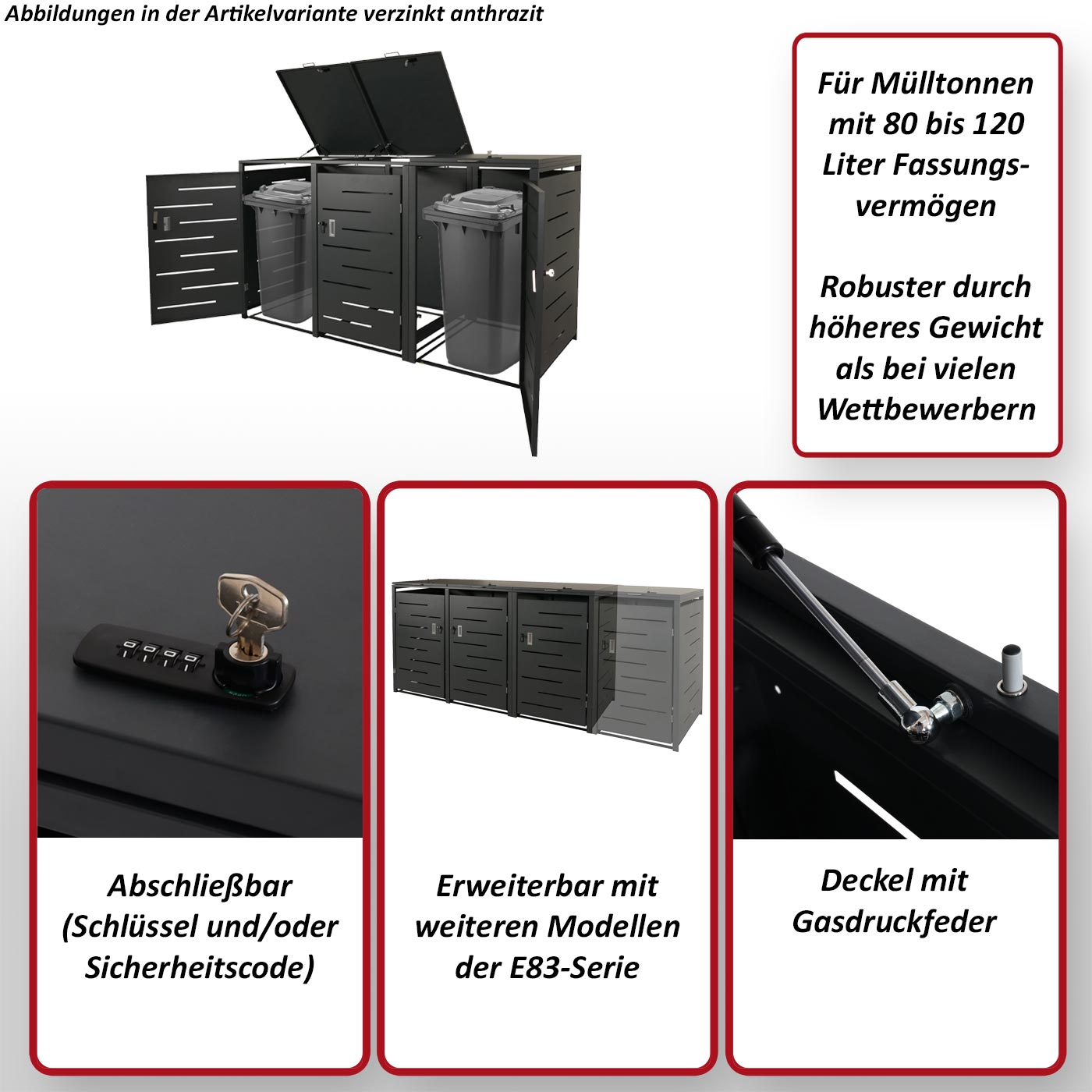 XL 3er-/6er-Mülltonnenverkleidung MCW-E83, Mülltonnenbox, erweiterbar 116x212x98cm ~ anthrazit Stahl, 100kg