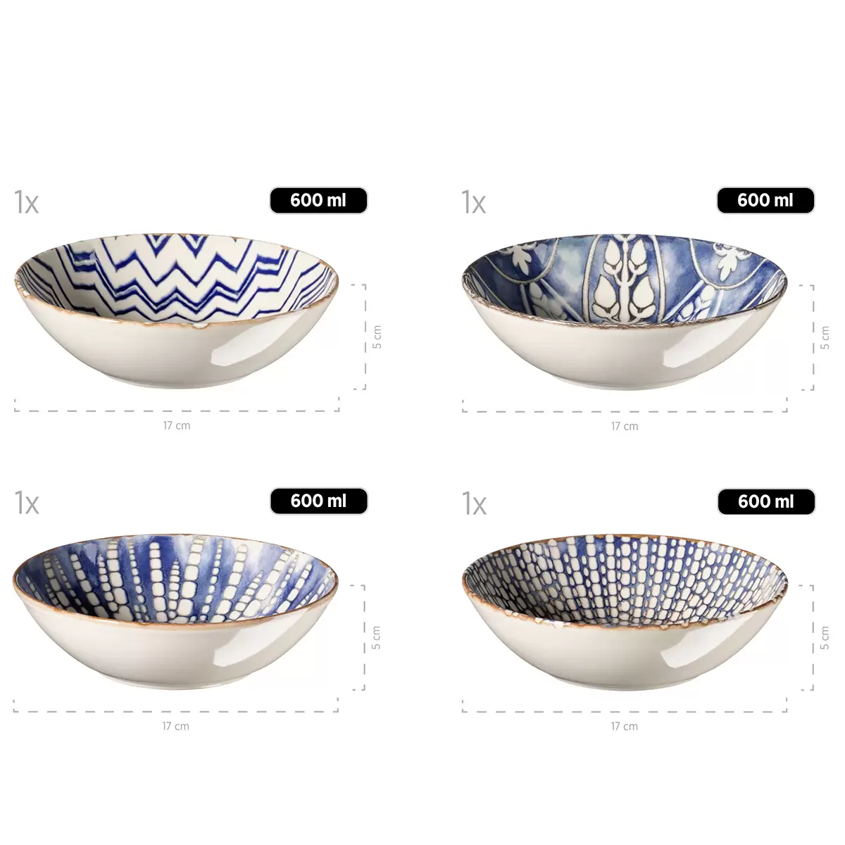 Salatschüssel-Set 5tlg. IBERICO BLUE blau,rot,weiss