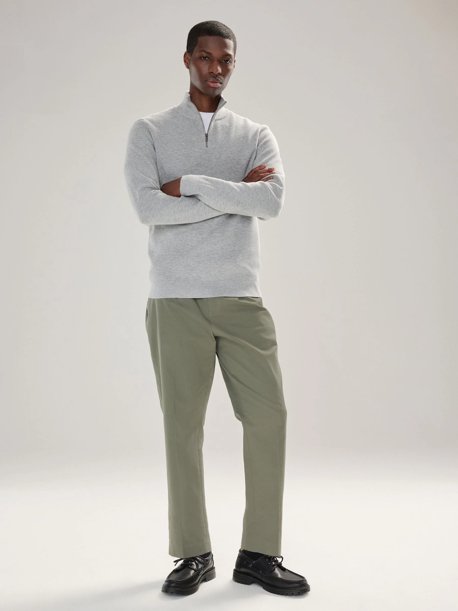 Grijs - Essential geribbelde trui met korte rits en Regular fit