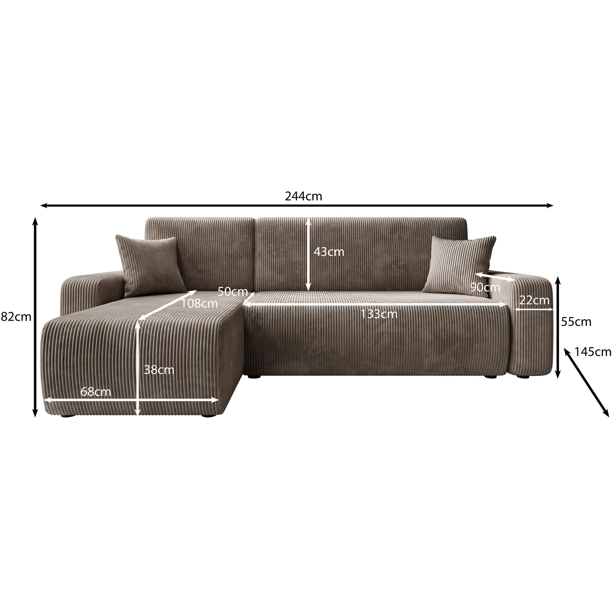 Prudence - Hoekbank 3-zits met chaise longue - Ribstof beige - Universeel