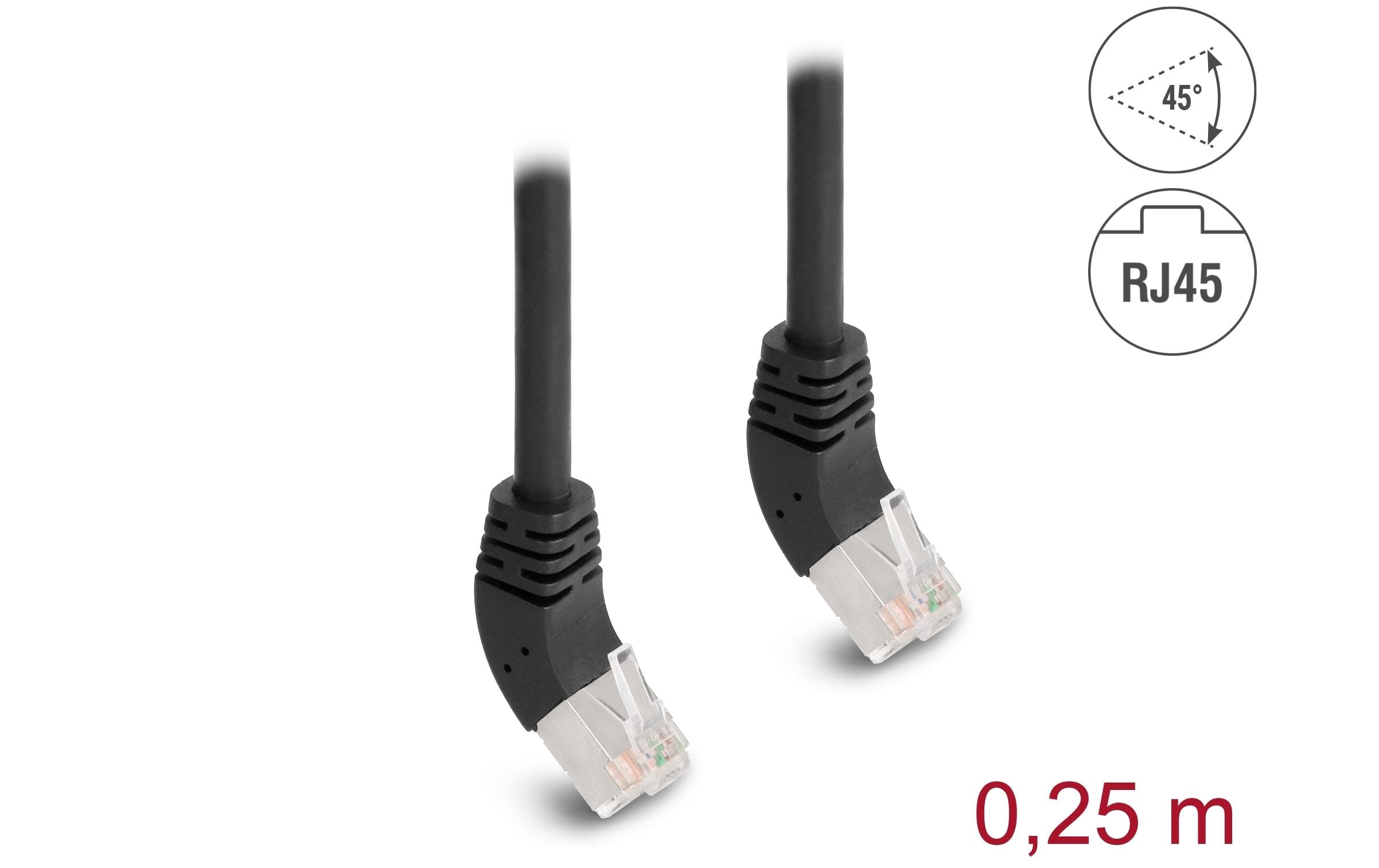 Patchkabel 45° oben gewinkelt Cat 6A, S/FTP, 0.25 m, SchwarzDelock RJ45 Netzwerkkabel Cat.6A S/FTP 45° nach oben gewinkelt 0.25 m schwarz