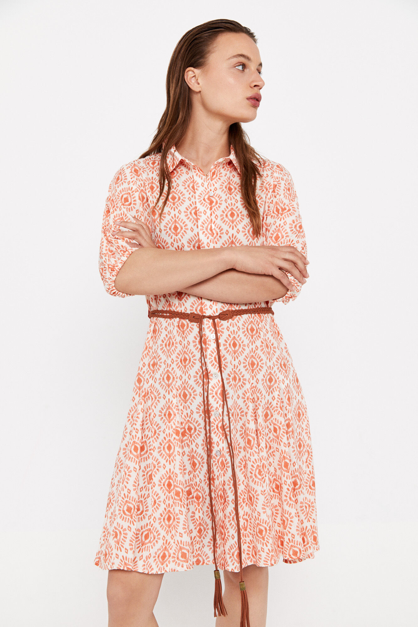 Vestido curto de algodão - Estampa laranja