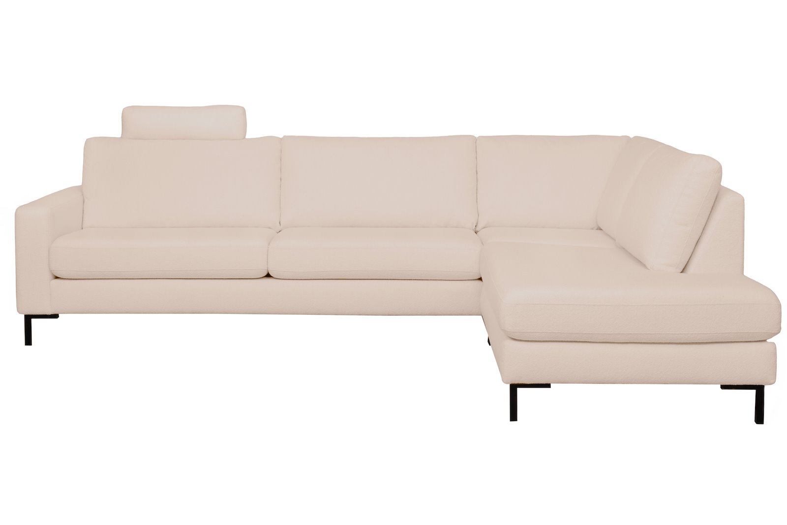 Pixel hjørnesofa 3-seter med åpen ende høyre. I tekstil Niva BP01-02 Beige. Høy front, sorte stålben M01 og arm A15. Komfort 1.