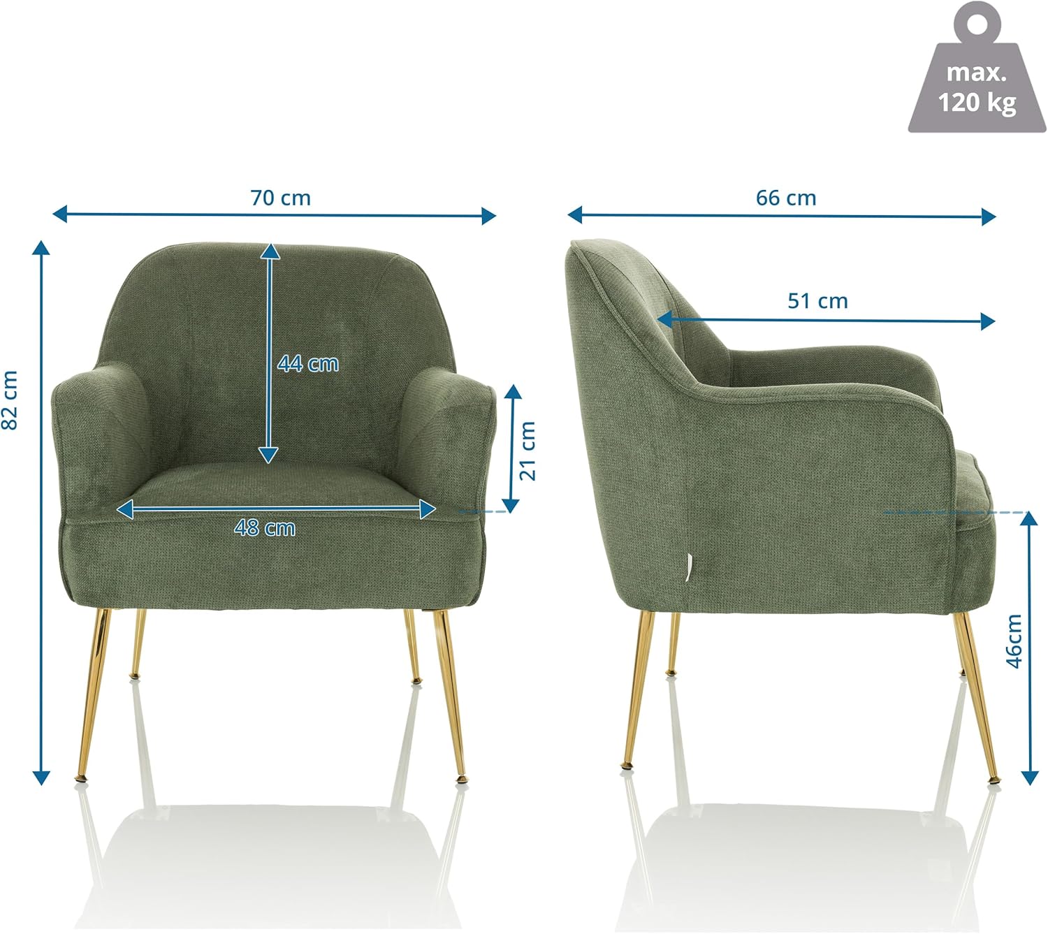 Moderner Loungesessel THASSOS Polsterstuhl Sessel mit vergoldeten Metallbeinen, bequemer Lesesessel, Stoff Grün
