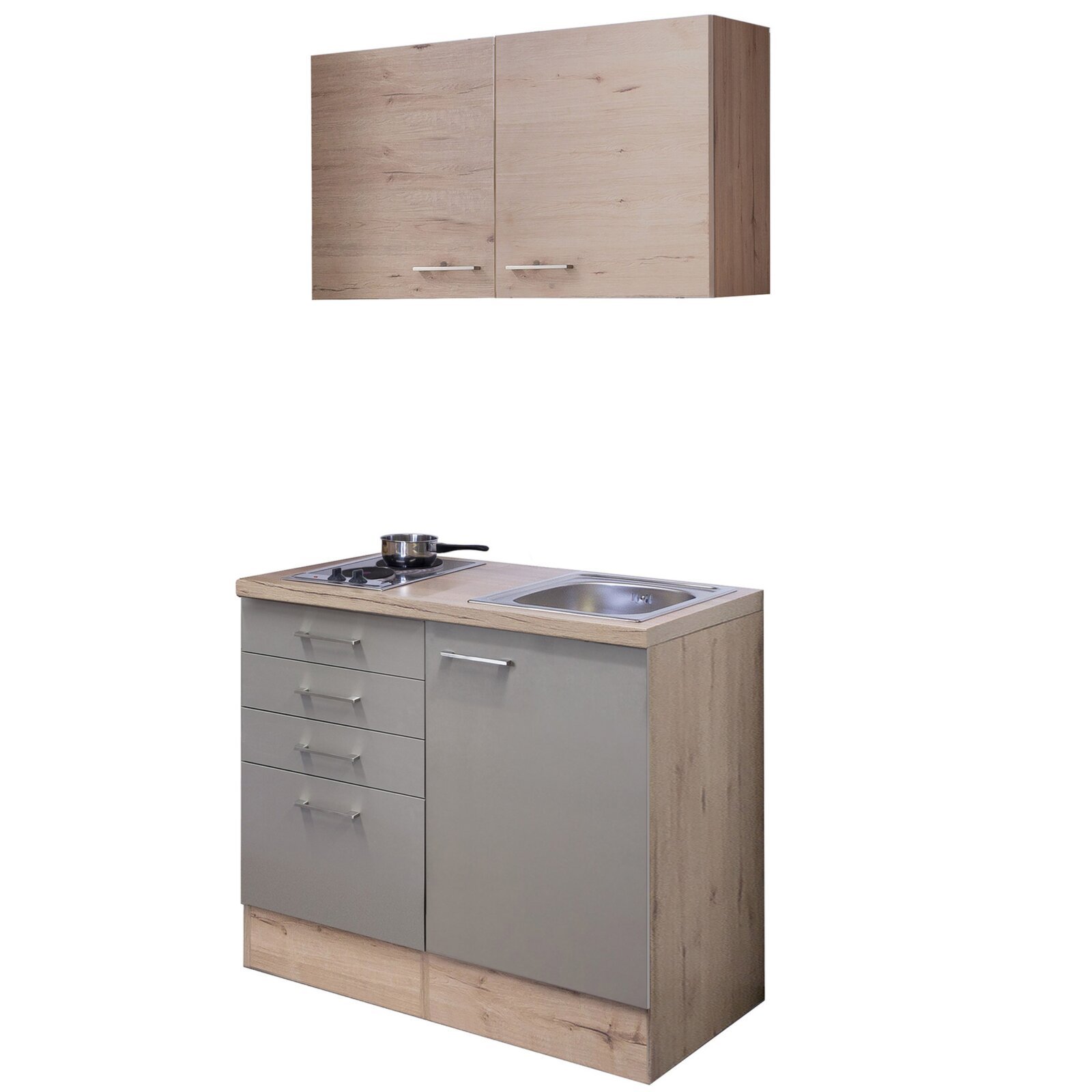 Küchenblock RIVA - Quarz Cubanit - San Remo Eiche hell - mit Kochfeld - 100 cm