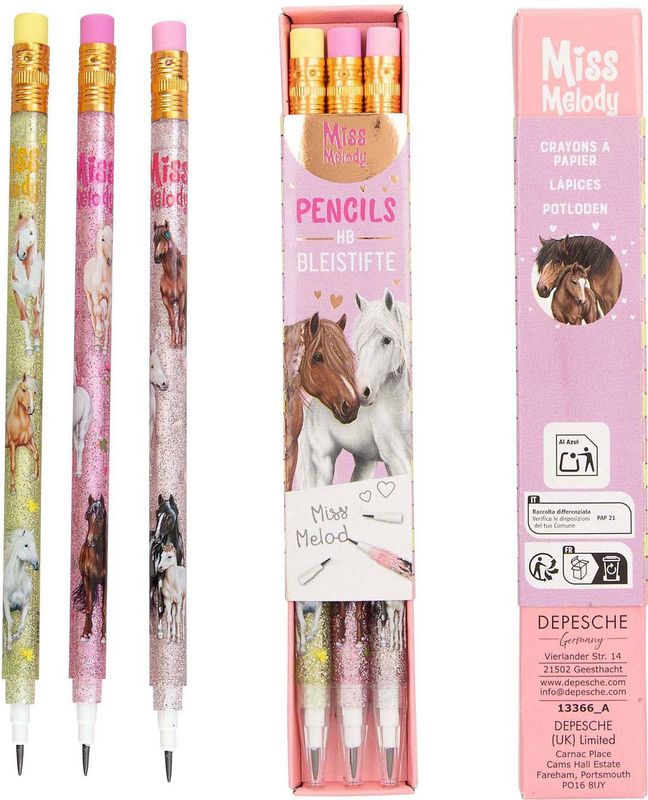 Depesche - Miss Melody - Doorschuifpotlood - Set van 3 - Glitter en Paardenafbeeldingen