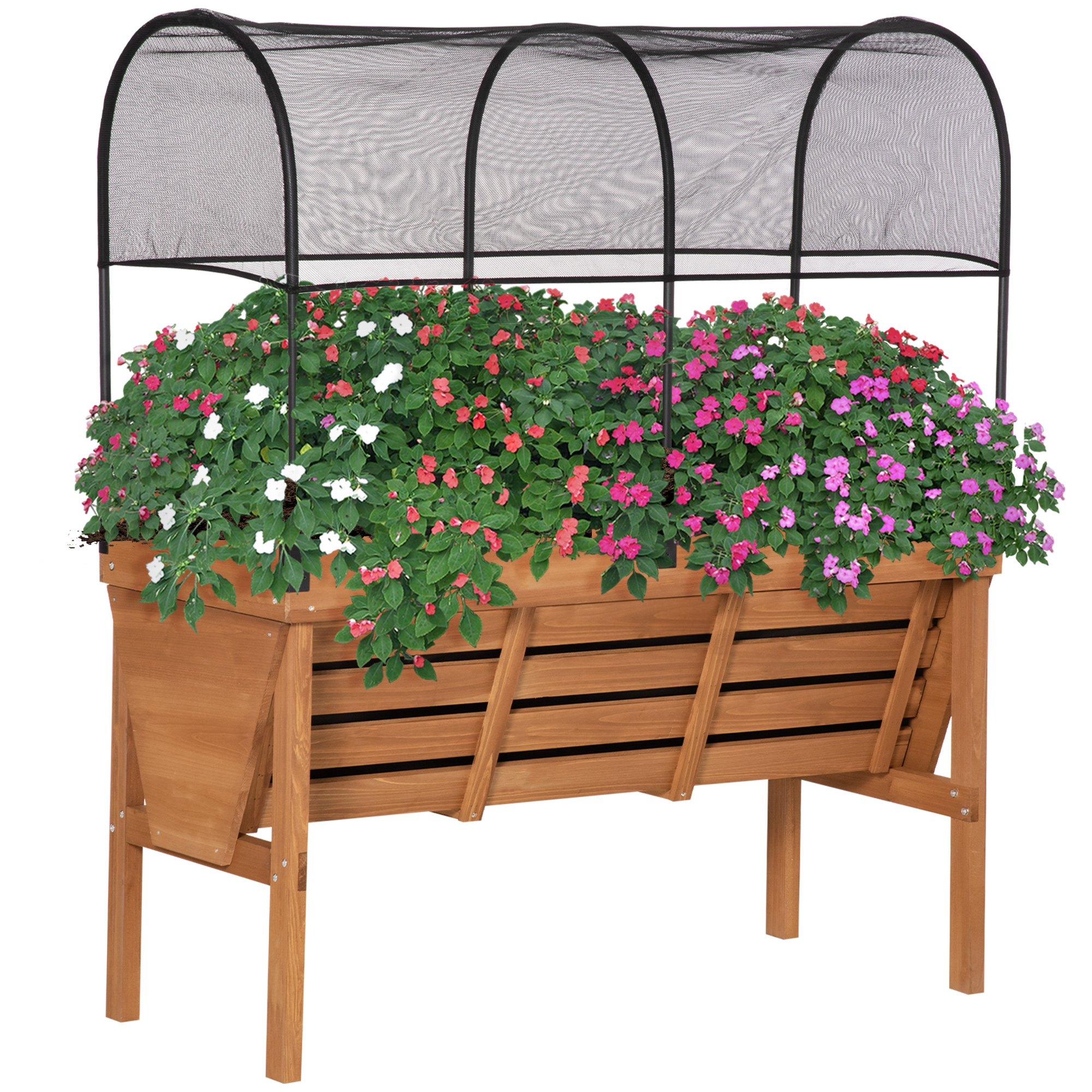 Horta urbana elevada de madeira Outsunny, 120x55x143 cm, com tela de sombreamento e geotêxtil para o cultivo de plantas e flores.