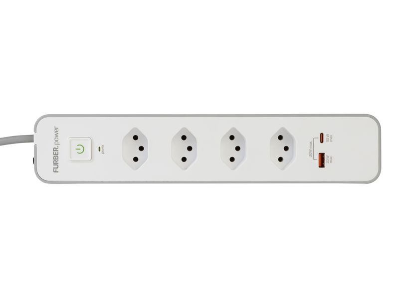 FURBER.power Steckdosenleiste 4 x T13, USB-C, USB-A Steckerleiste mit zwei USB-Anschlüssen