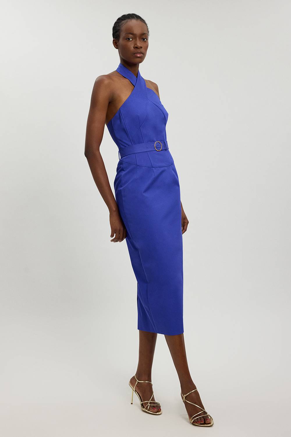 KarenMillen Robe Mi-longue Cintrée Ceinturée En Satin De Coton Ajusté