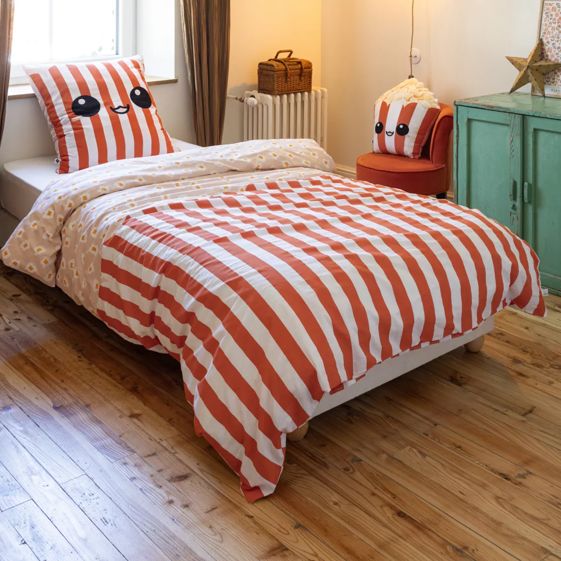 Housse de couette et deux taies enfant coton (200 x 200 cm) Fresh popcorn Rouge