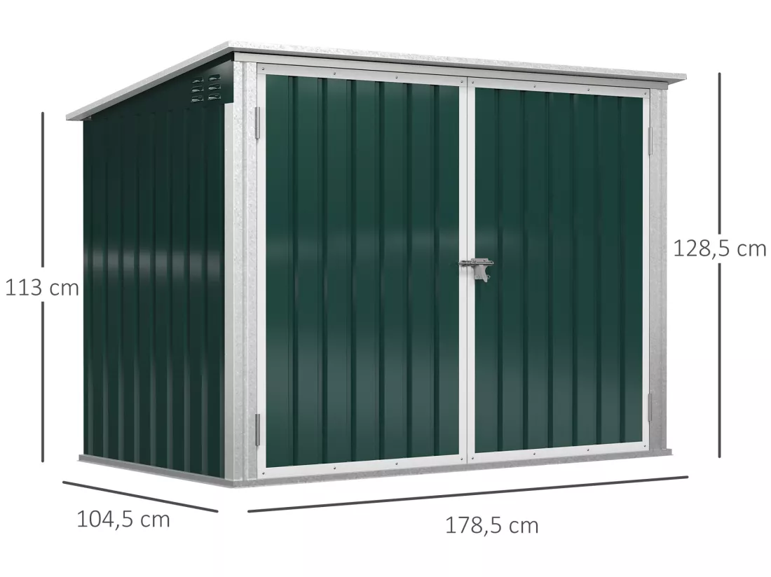 Abri de poubelle jardin - cache poubelle - 2 portes verrouillables, toit ouvrant - tôle d'acier blanc vert