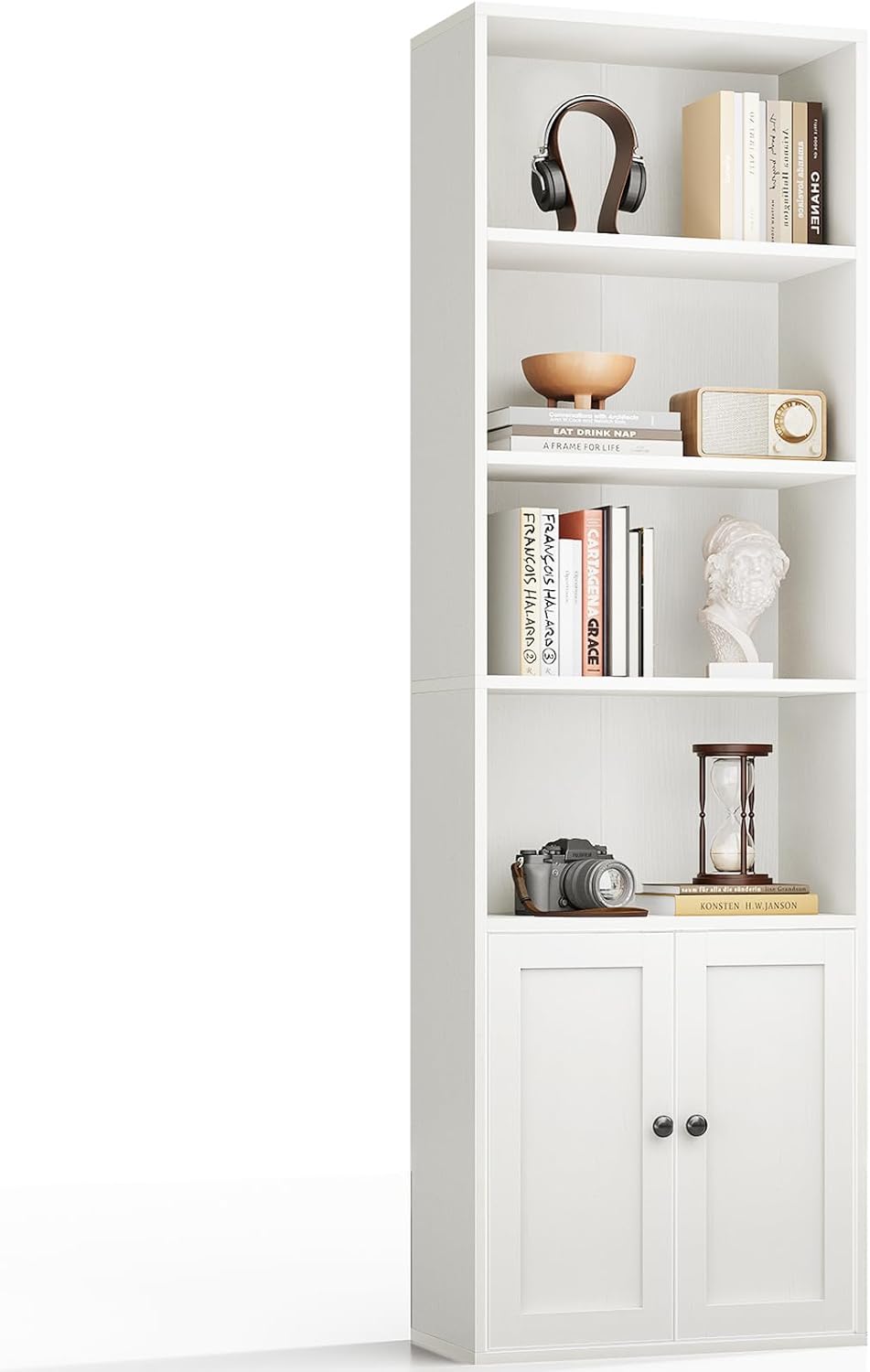 Coleshome Bücherregal mit Türen Regal mit 6 Ebenen, Bücherschrank 48 x 24 x 176.4 cm Schrank, Standregal zur Aufbewahrung und Präsentation für Wohnzimmer, Homeoffice, Büro, Schlafzimmer, Weiß WP3744298