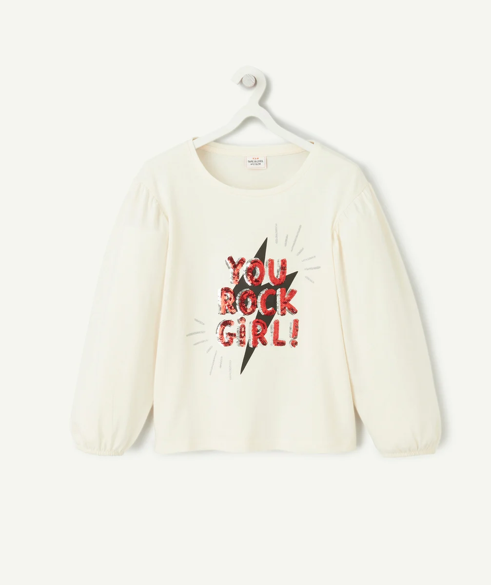 T-SHIRT FILLE EN COTON BIO ÉCRU AVEC MESSAGE ROCK EN SEQUINS