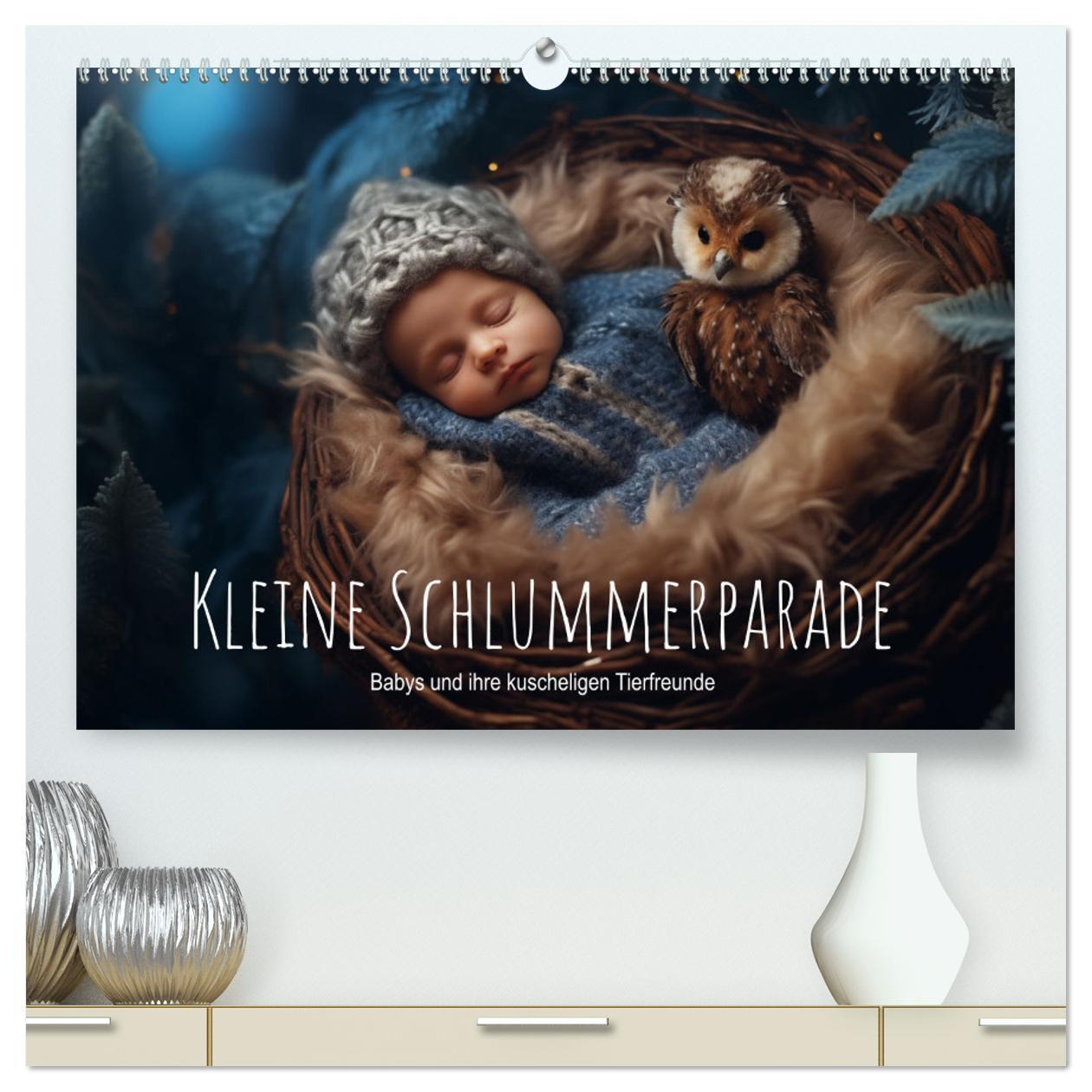 Kleine Schlummerparade: Babys und ihre kuscheligen Tierfreunde (hochwertiger Premium Wandkalender 2025 DIN A2 quer), Kunstdruck in Hochglanz