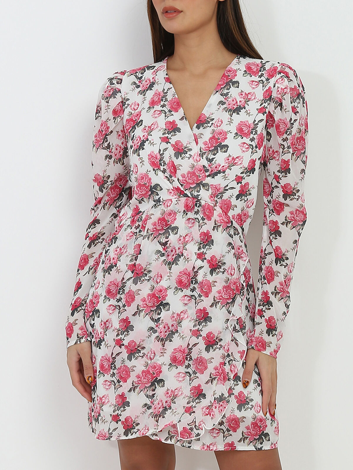 Robe portefeuille à fleurs et paillettes- Blanc