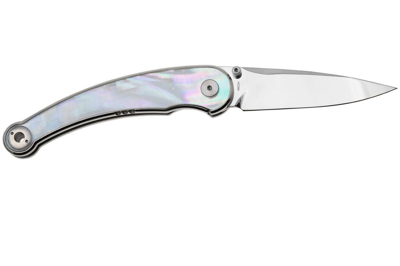 QSP Knife Dolphin 161-C Polished 14C28N, White Pearl Shell, zakmes