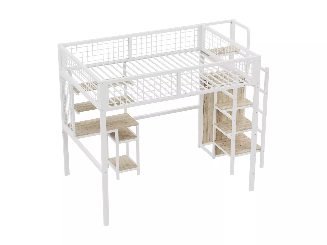 Lit mezzanine enfant 140x200 cm avec structure en fer - avec échelle de rangement、une penderie et un bureau - Blanc