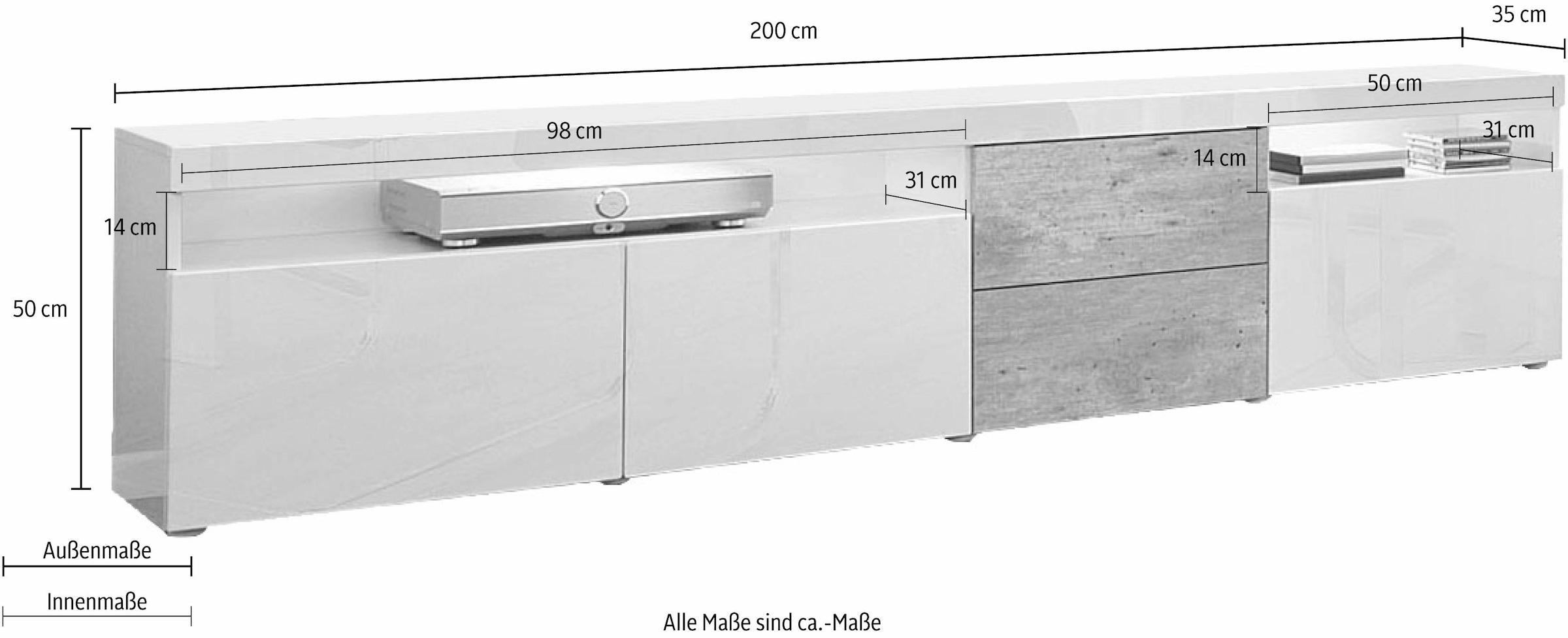 borchardt Möbel Lowboard »Kapstadt« Breite 200 cm mit 2 Schubkästen