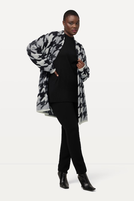 Strickjacke, Longform, Woll-Mix, Hahnentritt, offene Form, Langarm