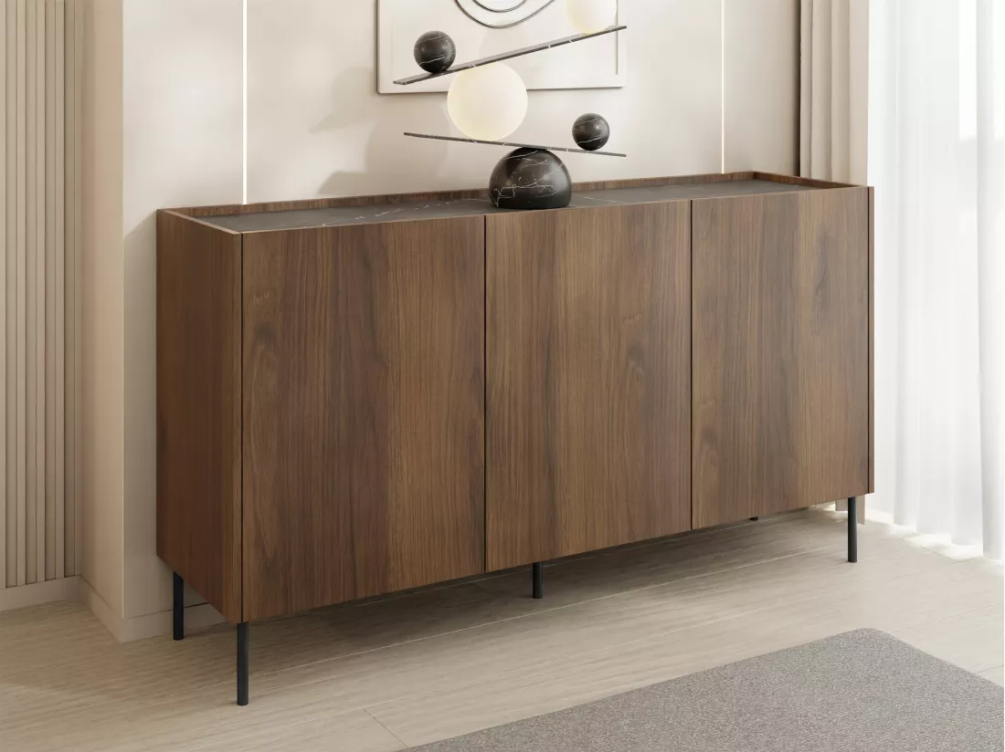 Buffet Comfivo Belviro 100, Noyer|Marbre noir, 78x144x37cm, Stratifié