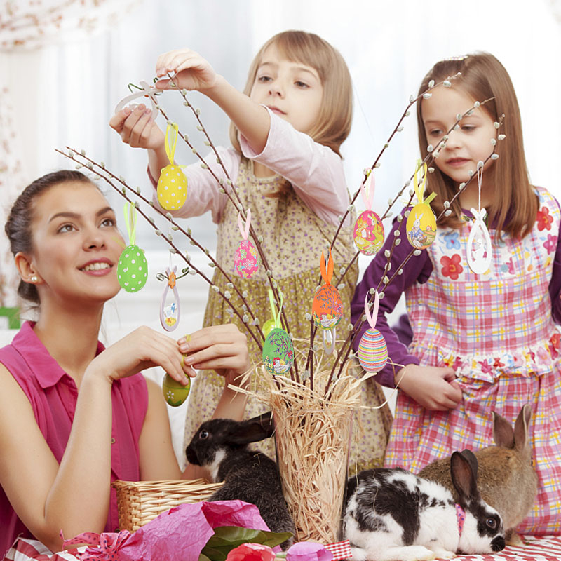 (12er Set) Ostereier Dekoration mit Aufhängeband Accessoire für Ostern - Bunt
