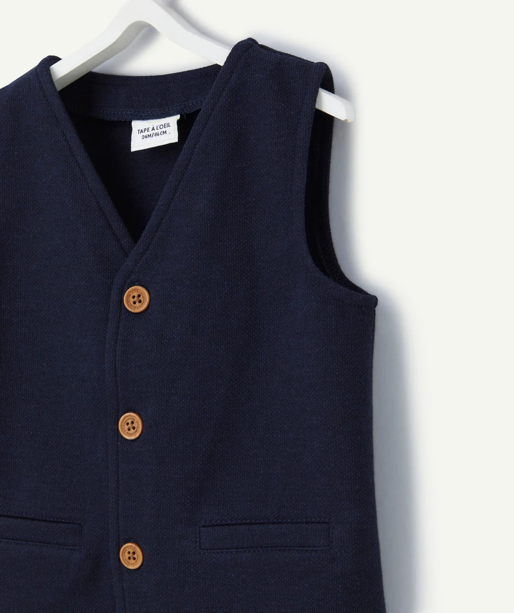 VESTE DE COSTUME SANS MANCHES BÉBÉ GARÇON BLEU MARINE BOUTONS EFFET BOIS
