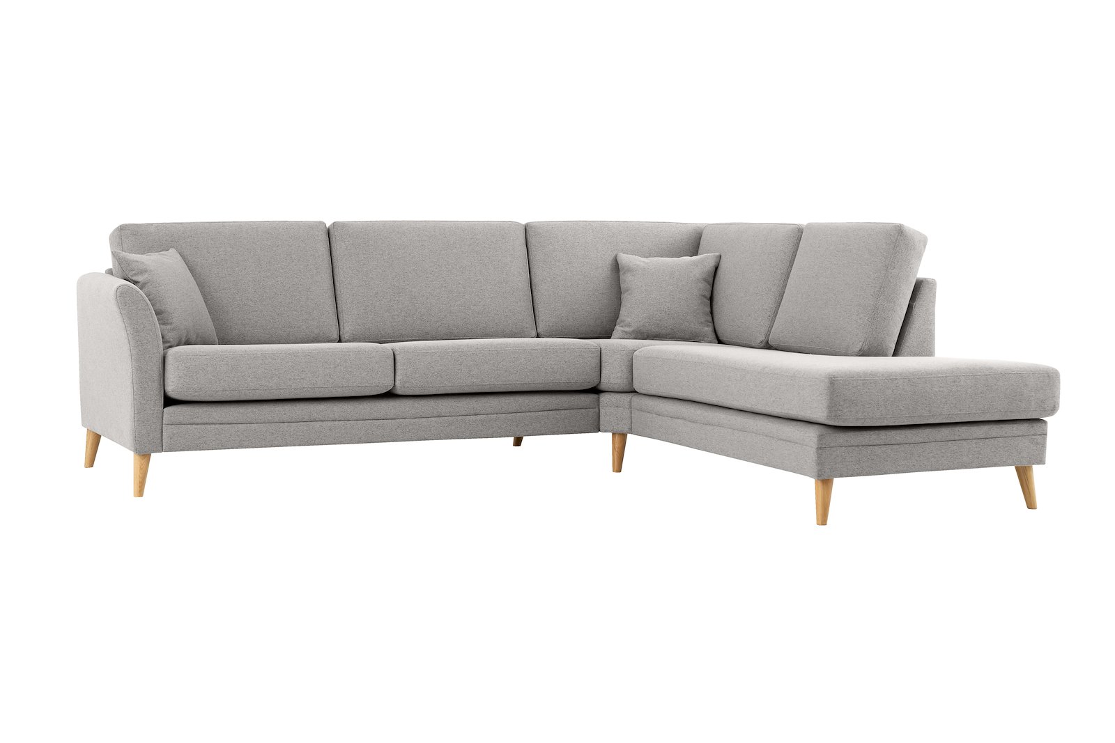 Eden hjørnesofa 2,5-seter med åpen ende høyre. Tekstil Neve 3 Grey med ben i eik natur (15137).