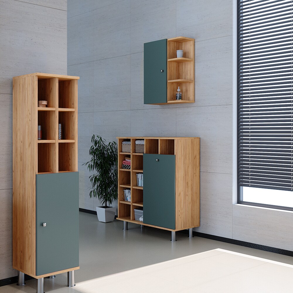 Vicco Wäscheschrank Badezimmerschrank Badschrank Fynn Eiche Grün Wäschekorb