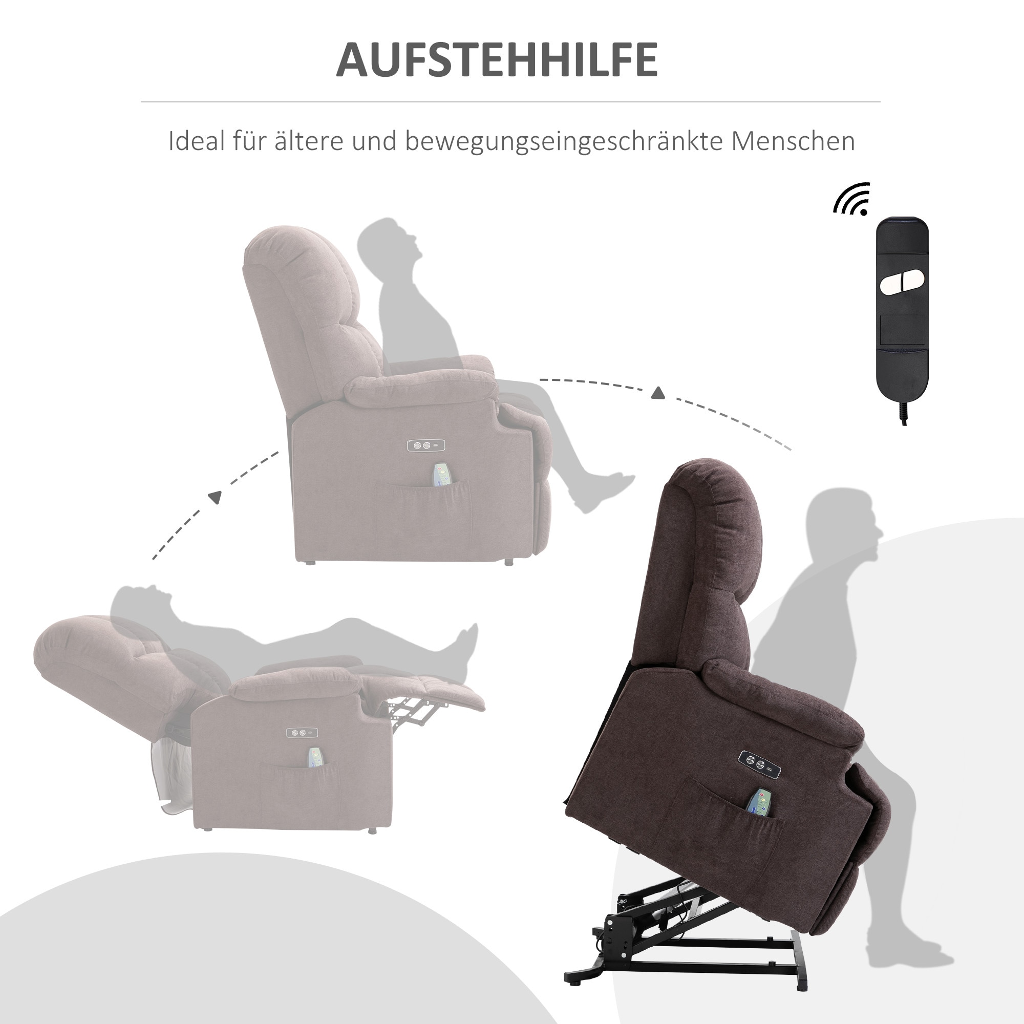 HOMCOM Sessel mit Aufstehhilfe, Liegefunktion und 8 Vibrationsmassagepunkten 83L x 95B x 105H cm