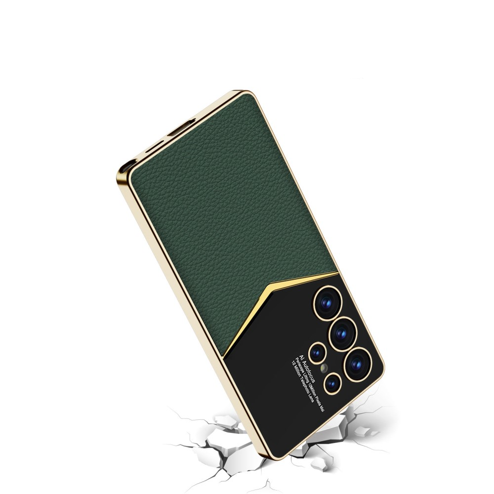 Samsung Galaxy S25 Ultra Leder Hardcase Hülle mit Galvanisiertem Rahmen   Kameraschutz - Lila / Gold