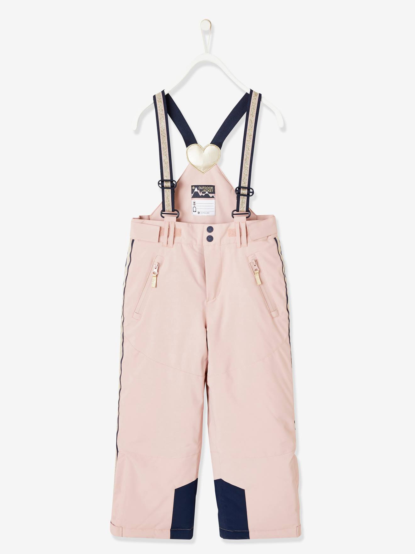 Calças de esqui com detalhes técnicos e iridescentes, e forro liso rosa médio reciclado com estampas.