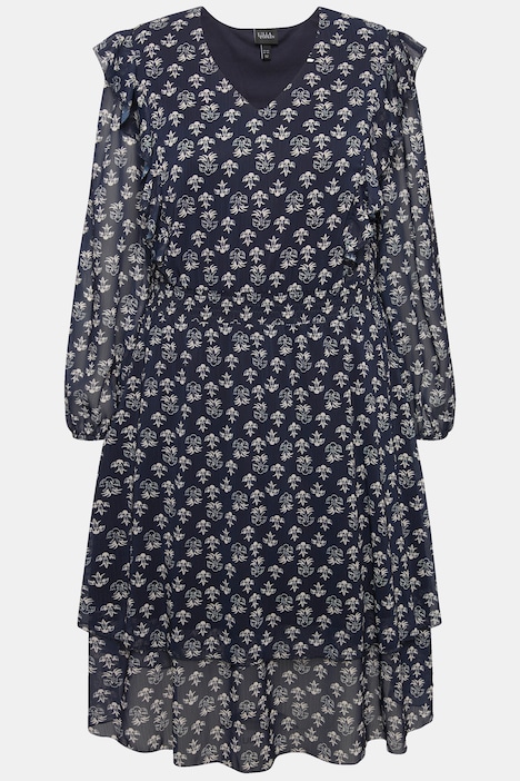 Kleid, doppellagig, V-Ausschnitt, Rüsche, Langarm
