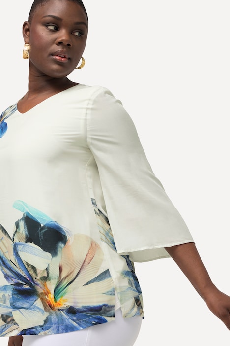 Bluse, Blüten, Oversized, V-Ausschnitt, 3/4-Glockenärmel