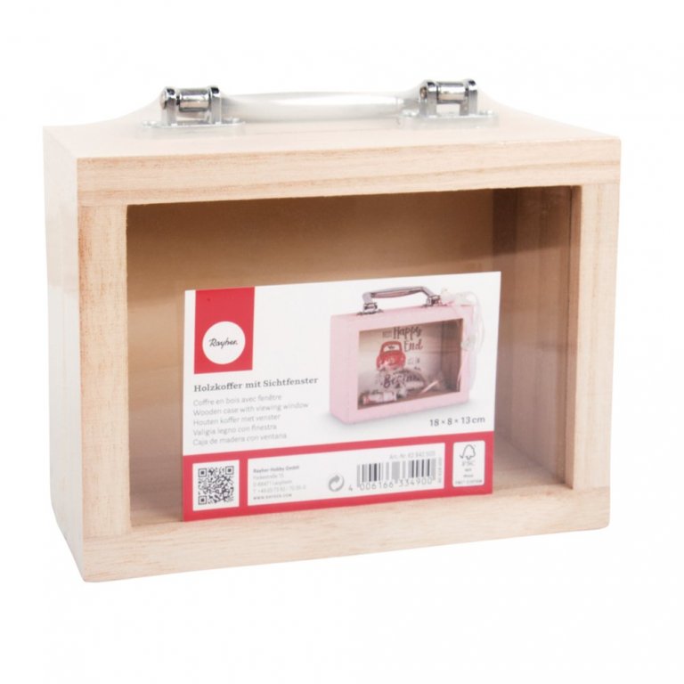 Holzkoffer mit Sichtfenster und Metallgriff