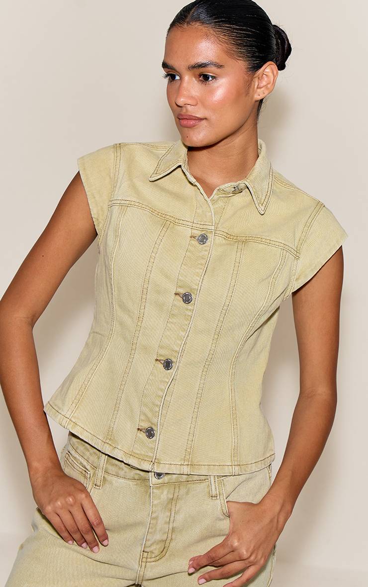 Washed Light Sage Chemise En Denim Cintrée À Manches Courtes