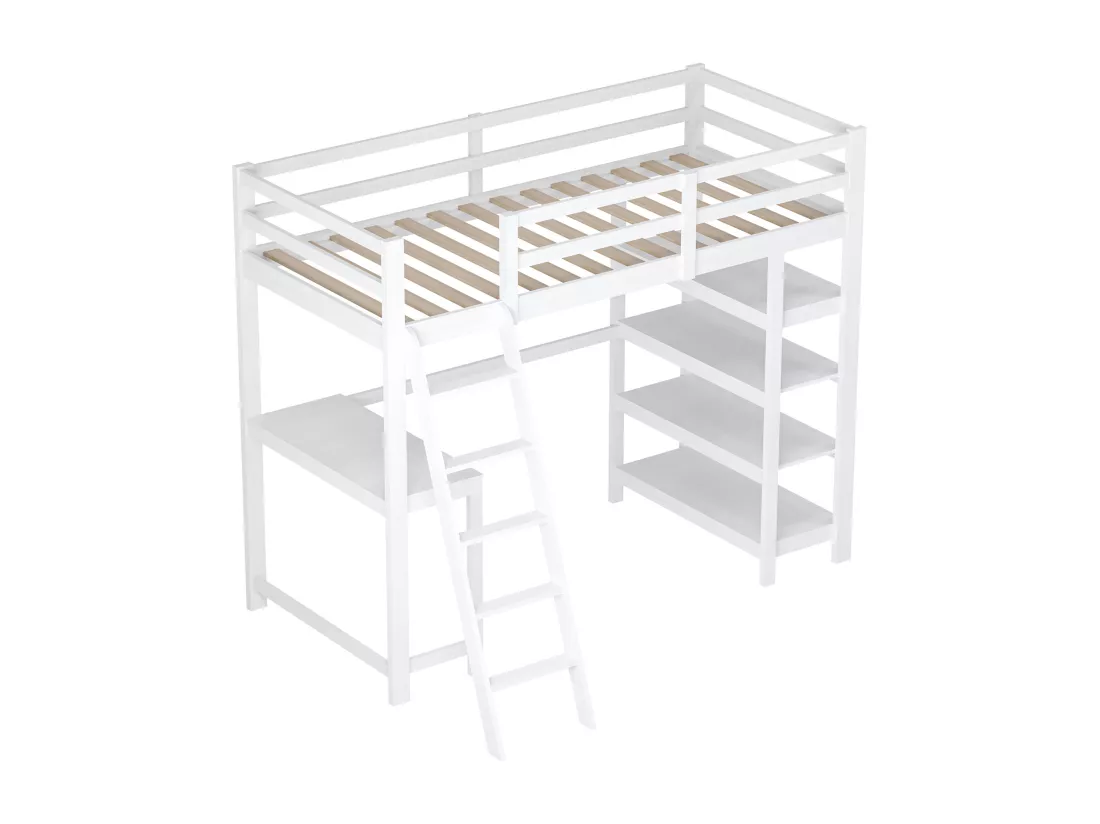 Lit Mezzanine pour Enfant, 90 x 200 cm, avec Compartiments de Rangement et Bureau sous Le lit, Blanc, étagère de Rangement à Quatre Couches, Grande capacité, Peu encombrant et Fonctionnel