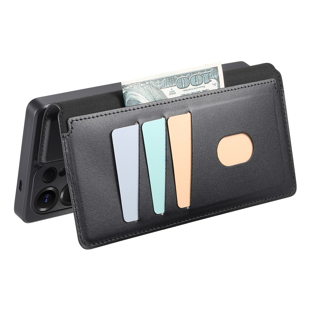 Samsung Galaxy S25 Ultra Leder Case Schutzhülle mit Finger Griff Halterung   Abnehmbare Tasche inkl. Kartenfächer MagSafe-Modul (RFID Schutz) Schwarz