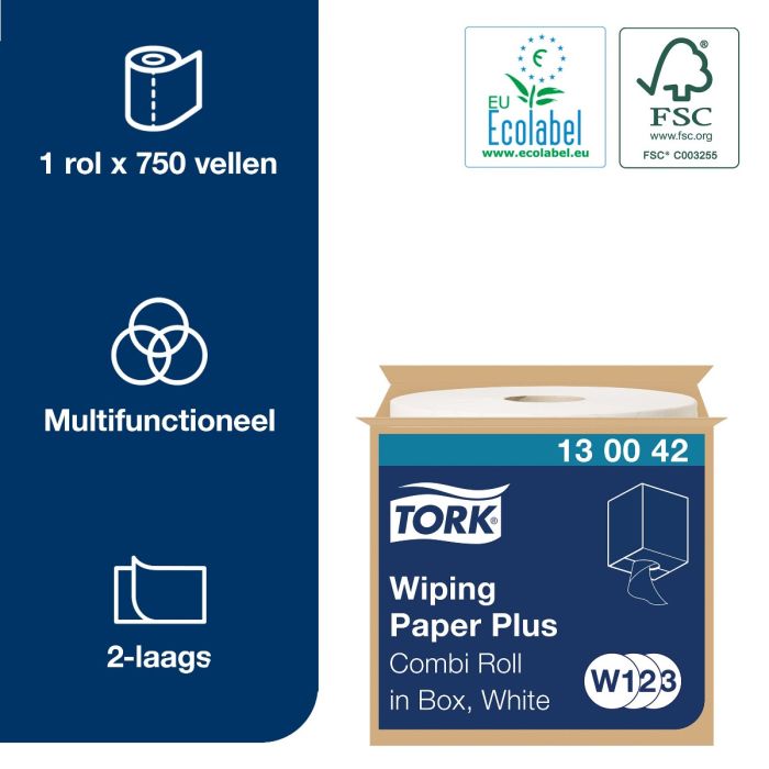 Tork W1 poetsrol 130042 Wiper 420 2laags wit 255 mtr x 24 cm doos à 1 rol/750 vel (130042)