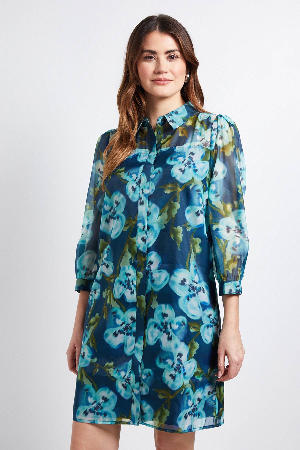 Wallis Robe Droite à Boutons en Organza Fleuri