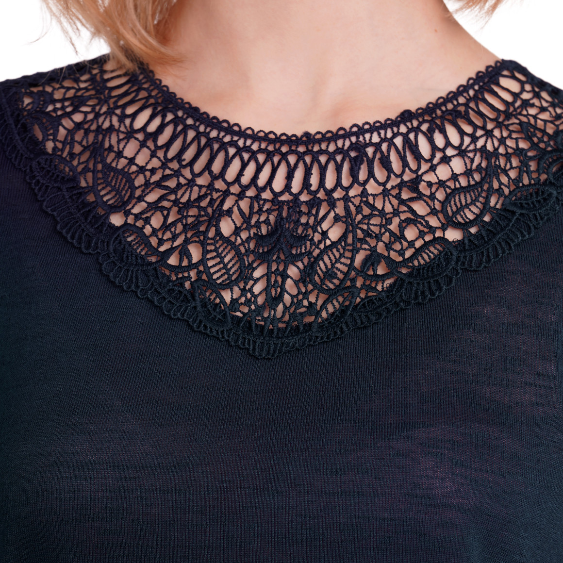 Gina Damen T-Shirt mit Spitzenausschnitt dunkelblau