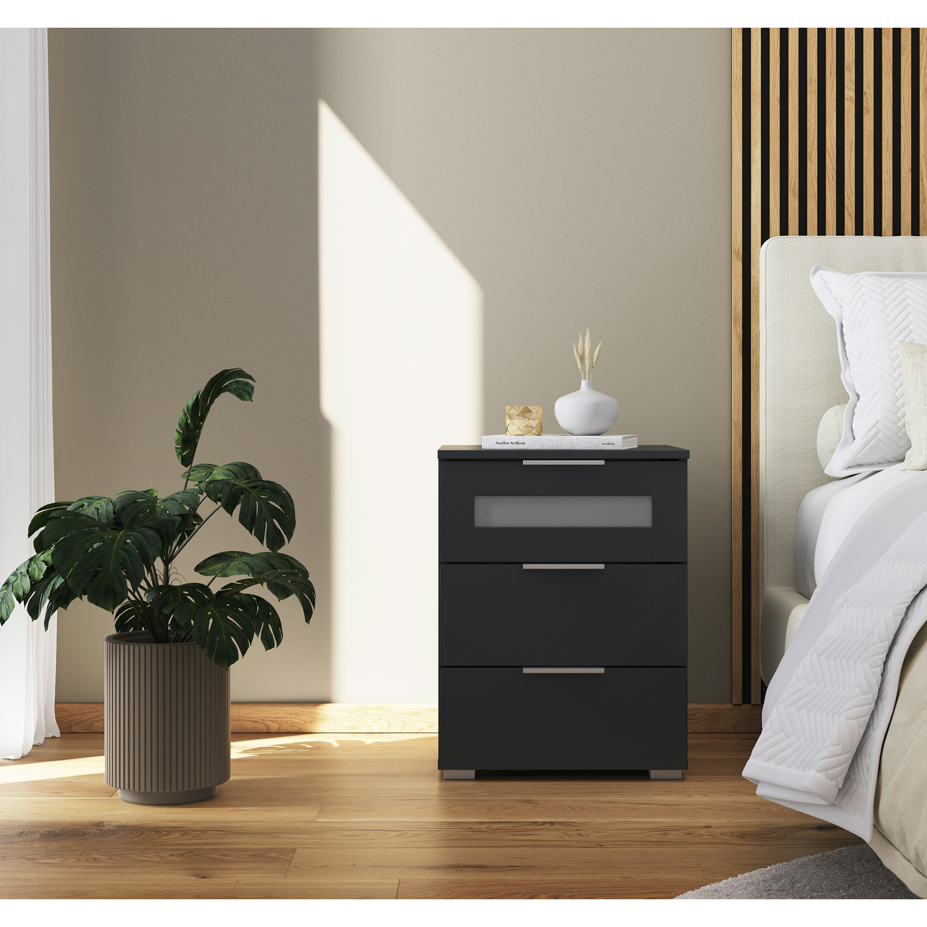 Nachtschrank - grau metallic - mit Milchglaseinsatz - 62 cm