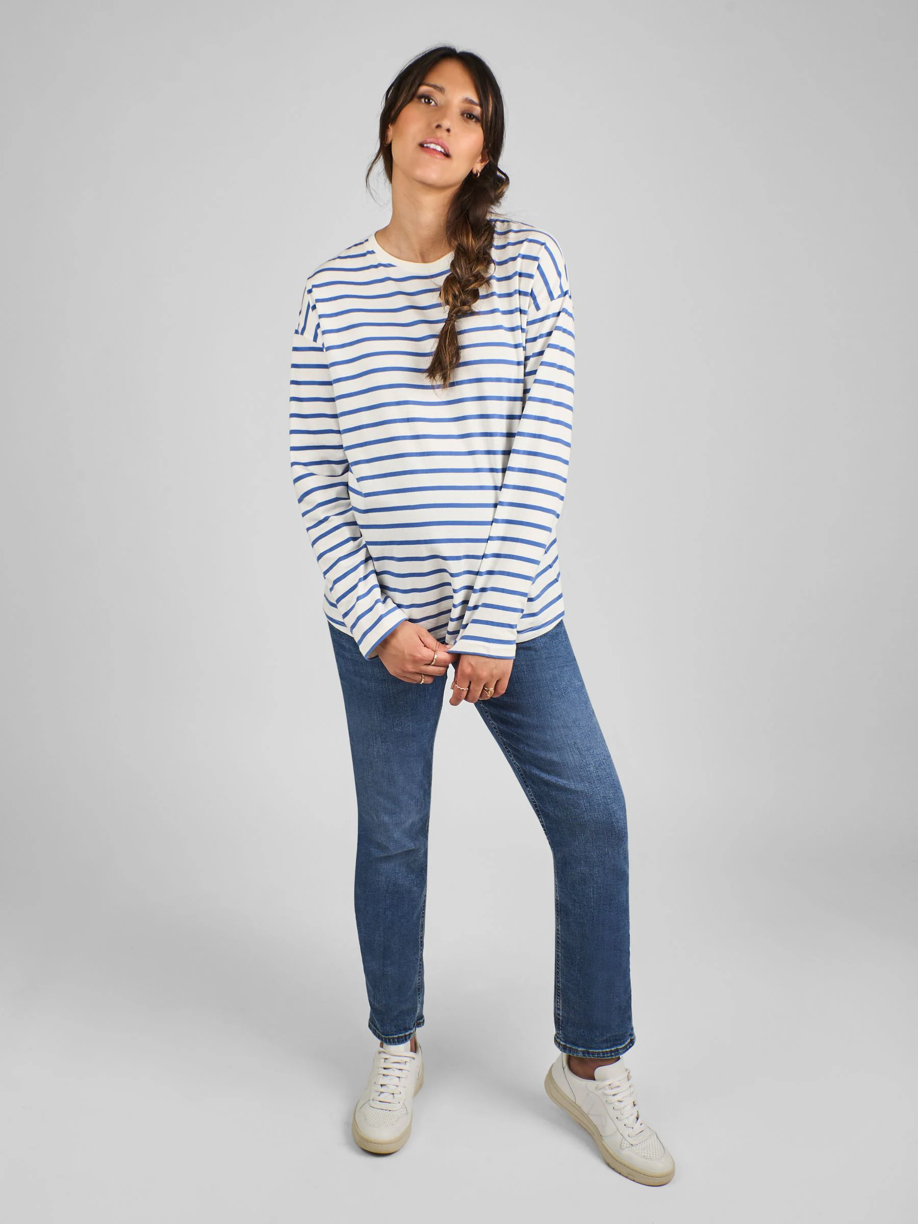 Blauw en crème - JoJo Maman Bébé Stripe Long Sleeve Boyfriend Maternity T-Shirt