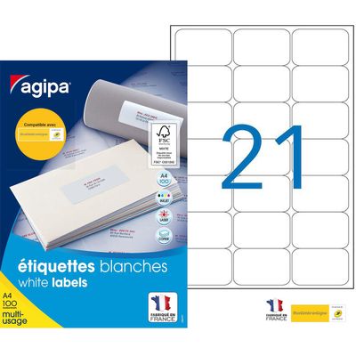 Apli Agipa - 2100 Étiquettes adhésives blanches multi-usages - 63,5 x 38,1 mm - coins arrondis - réf 118984