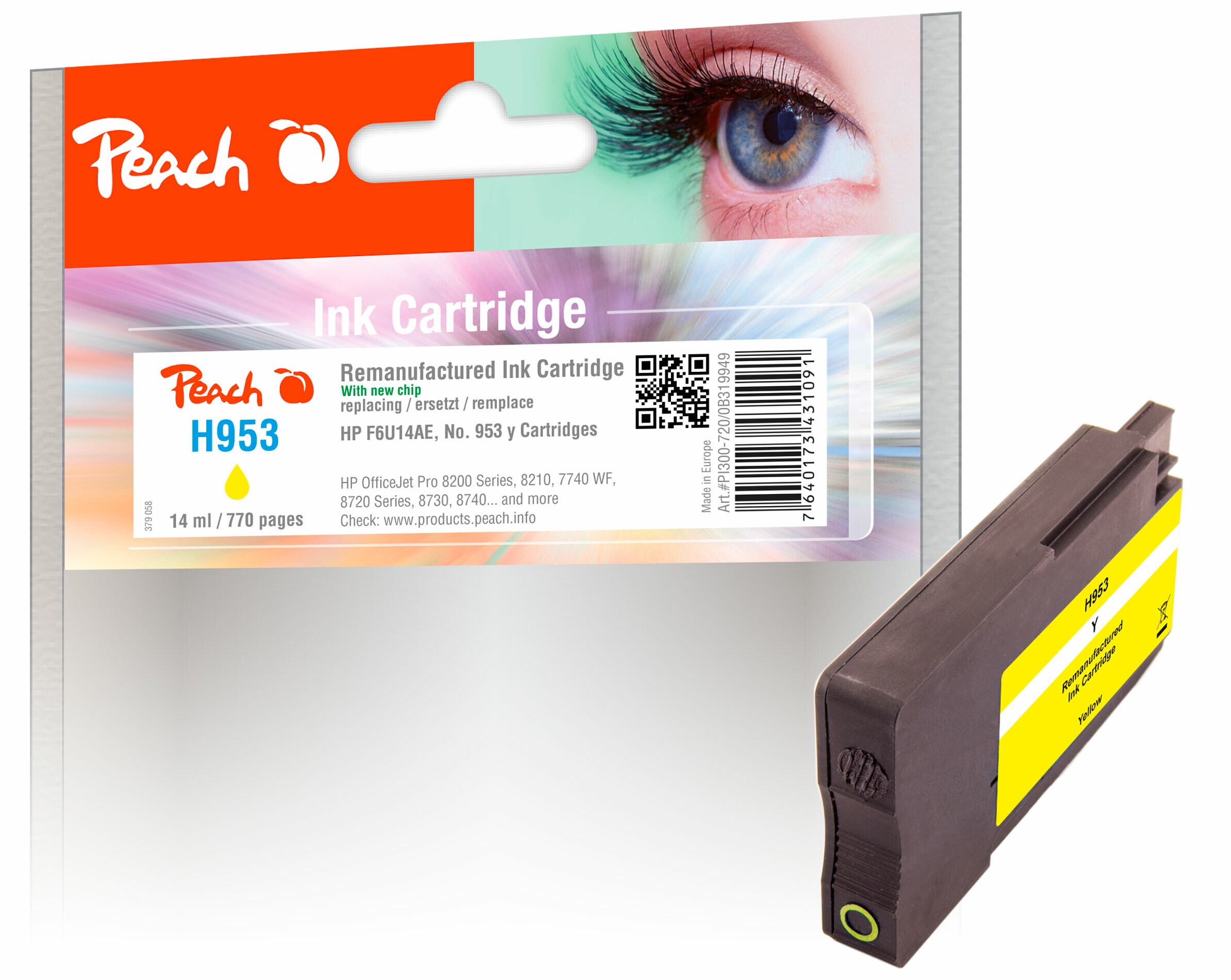 Peach HP 953 y Druckerpatrone ye ersetzt HP No. 953 y, F6U14AE für z.B. HP OfficeJet Pro 7740 WF, HP OfficeJet Pro 8710, HP OfficeJet Pro 8715 (wiederaufbereitet)